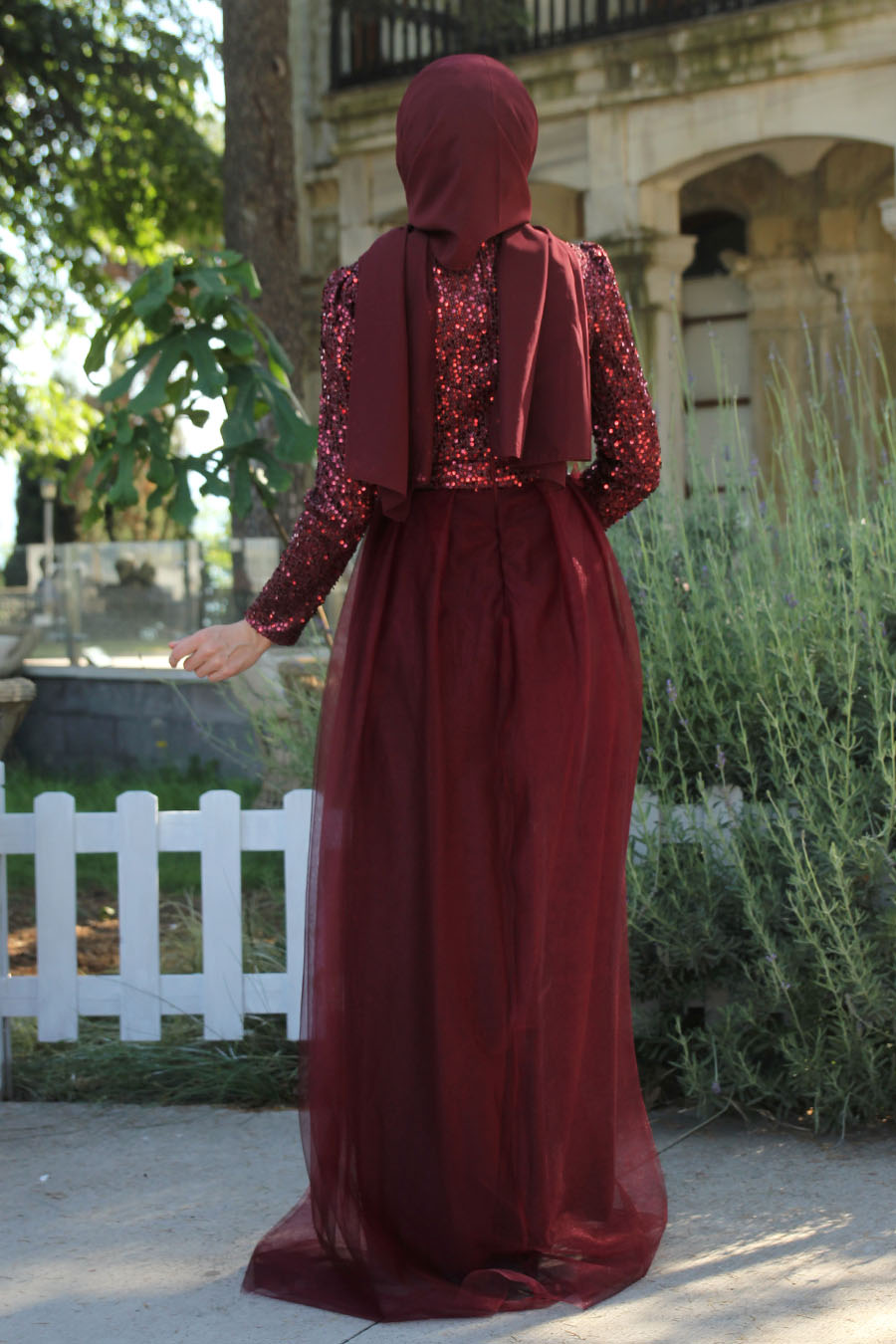 SEQUIN DETAILED CLARET RED EVENING DRESS