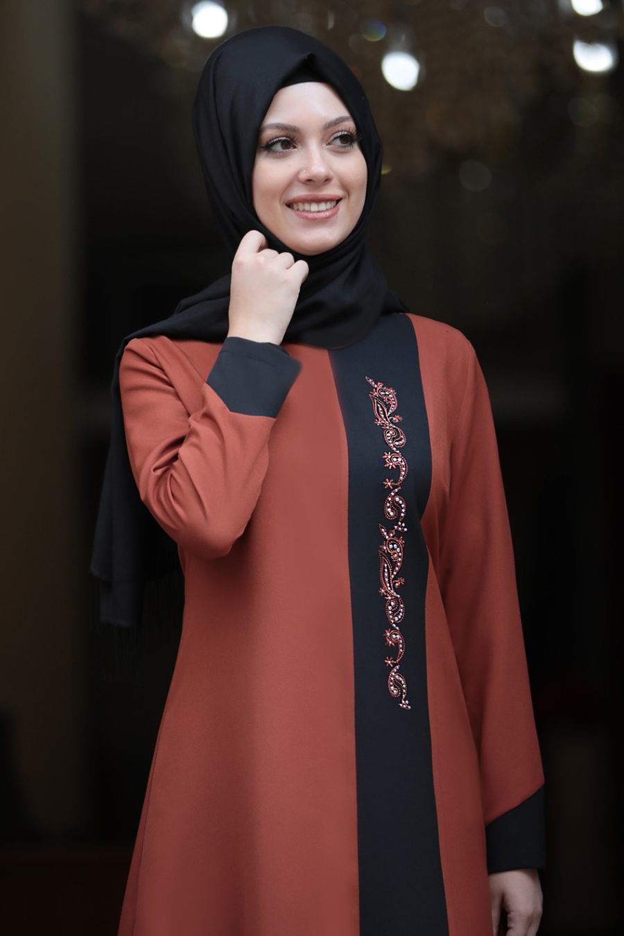 BRICK COLOR TUNIC AND BLACK PANT SUIT