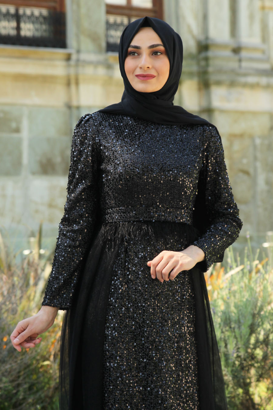 SEQUIN DETAILED BLACK EVENING DRESS 