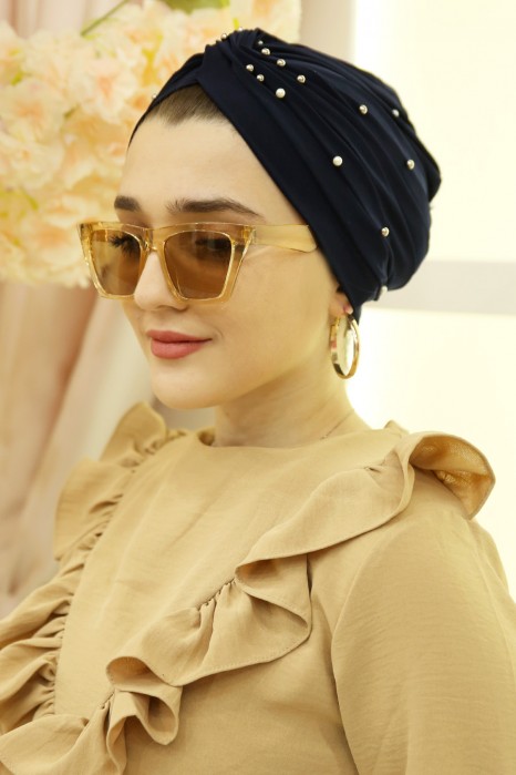 PEARL DETAILED INSTANT NAVY BLUE SCARF 