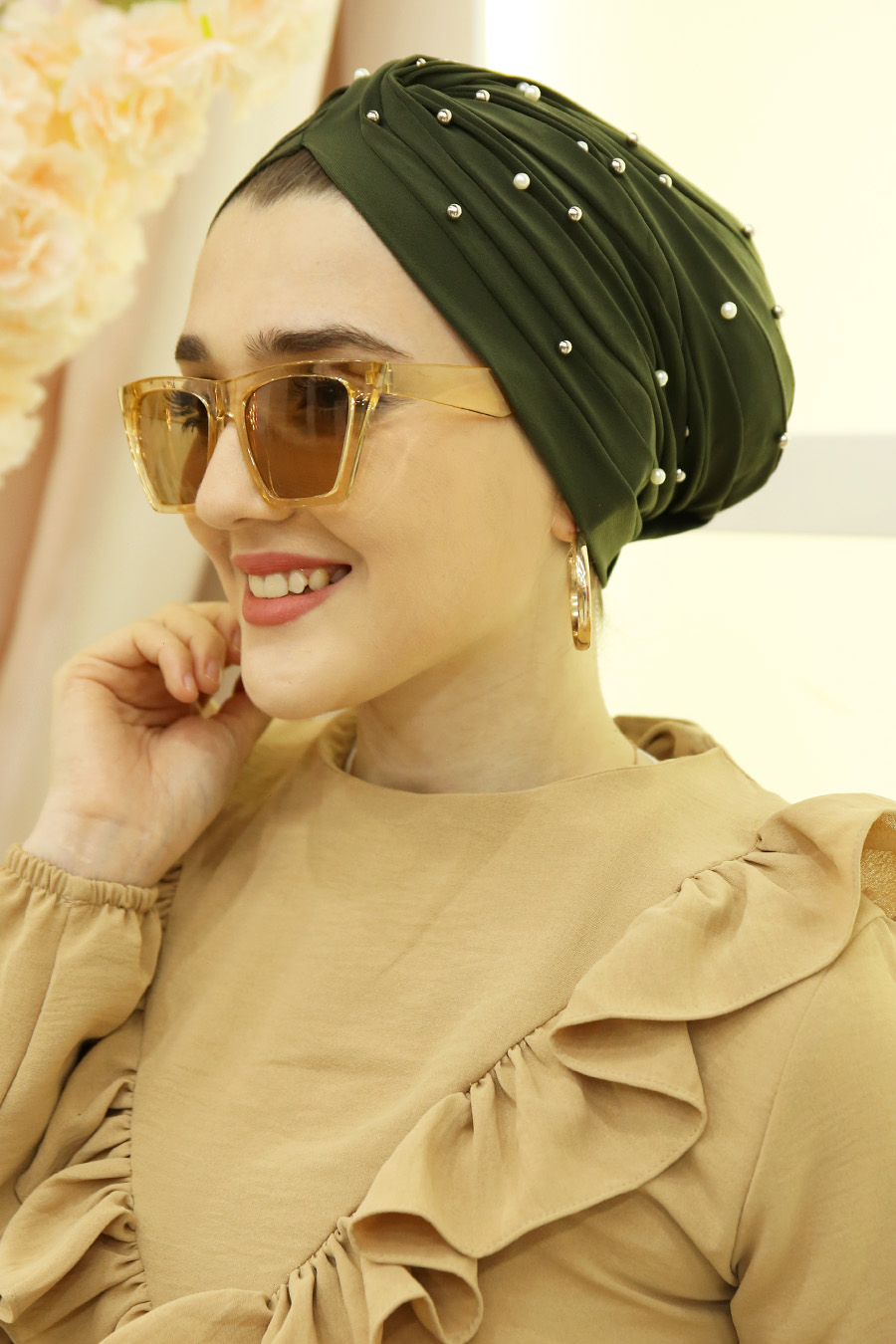 PEARL DETAILED INSTANT KHAKI SCARF 