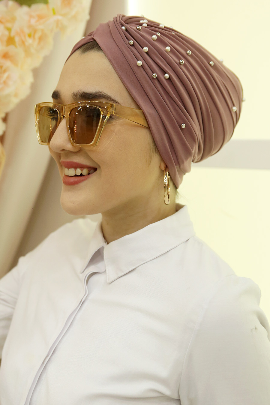 PEARL DETAILED INSTANT ROSE COLOR SCARF