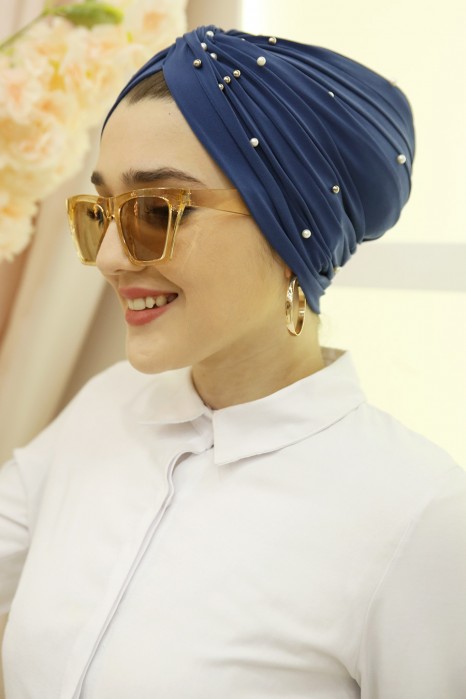 PEARL DETAILED INSTANT INDIGO COLOR SCARF 