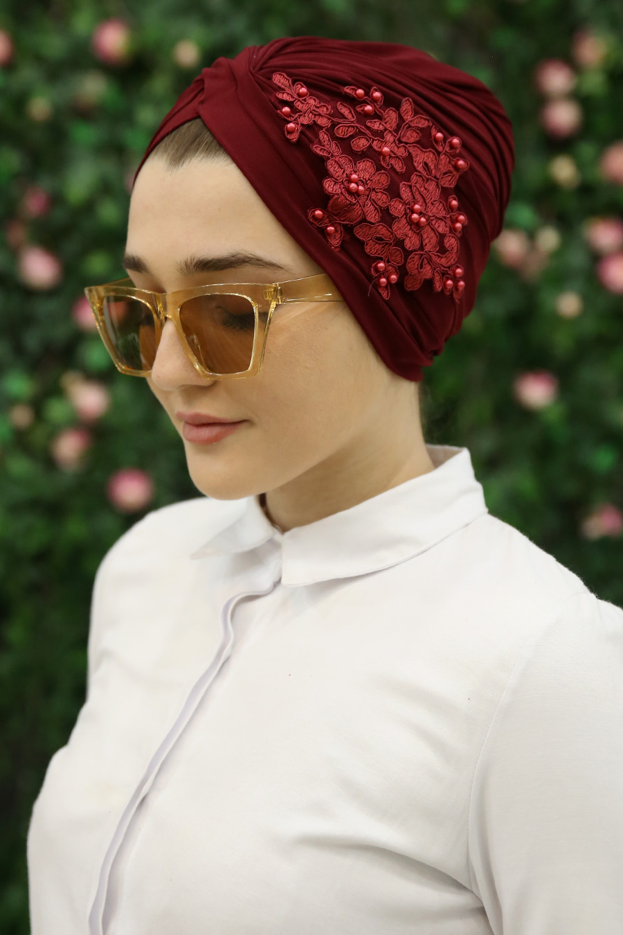 PEARL DETAILED INSTANT CLARET RED SCARF PEARL DETAILED INSTANT CLARET RED SCARF