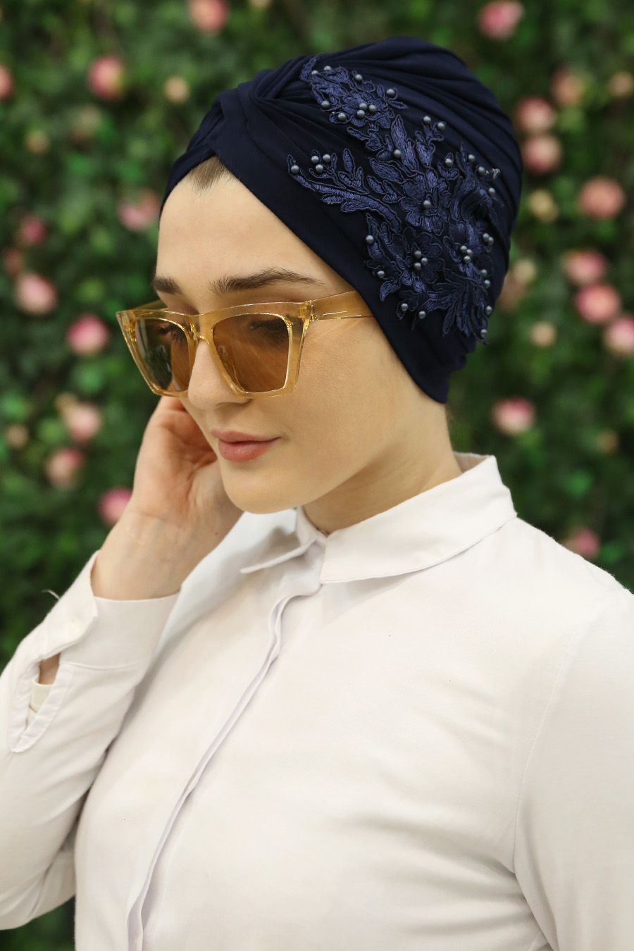 PEARL DETAILED INSTANT NAVY BLUE SCARF 