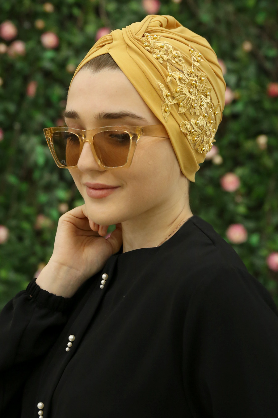 PEARL DETAILED INSTANT MUSTARD SCARF 