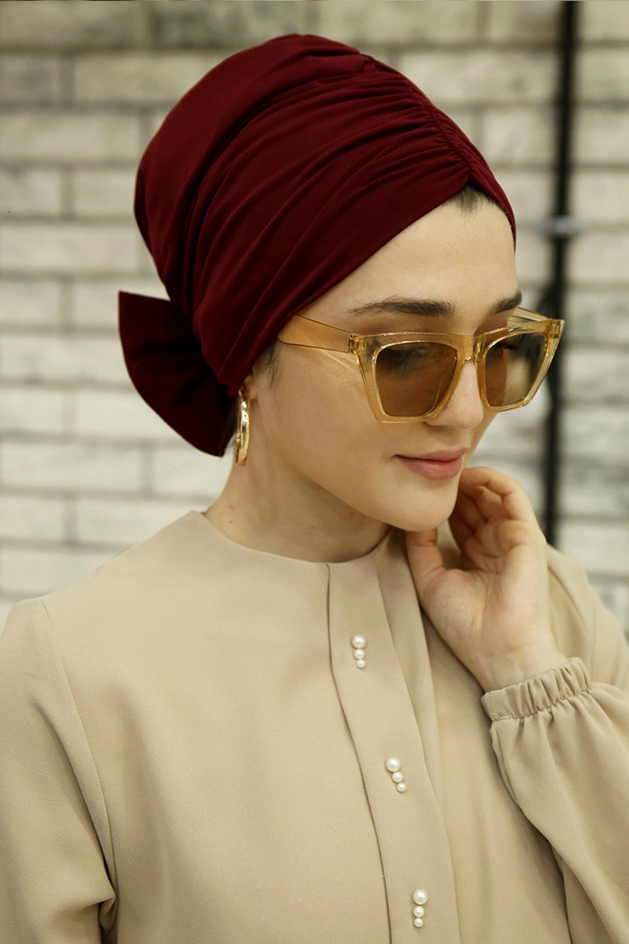 CLARET RED BOW INSTANT HIJAB