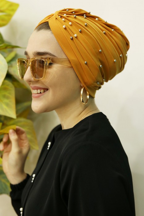 PEARL DETAILED INSTANT MUSTARD SCARF 