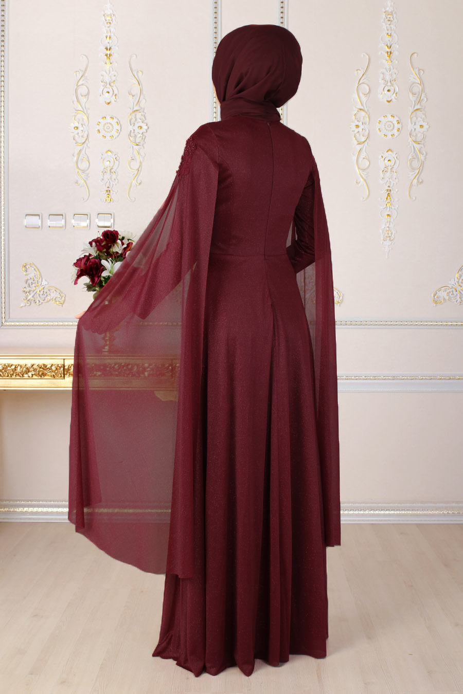 PEARL DETAILED CLARET RED EVENING DRESS