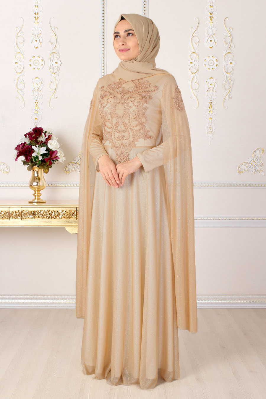 PEARL DETAILED GOLD EVENING DRESS