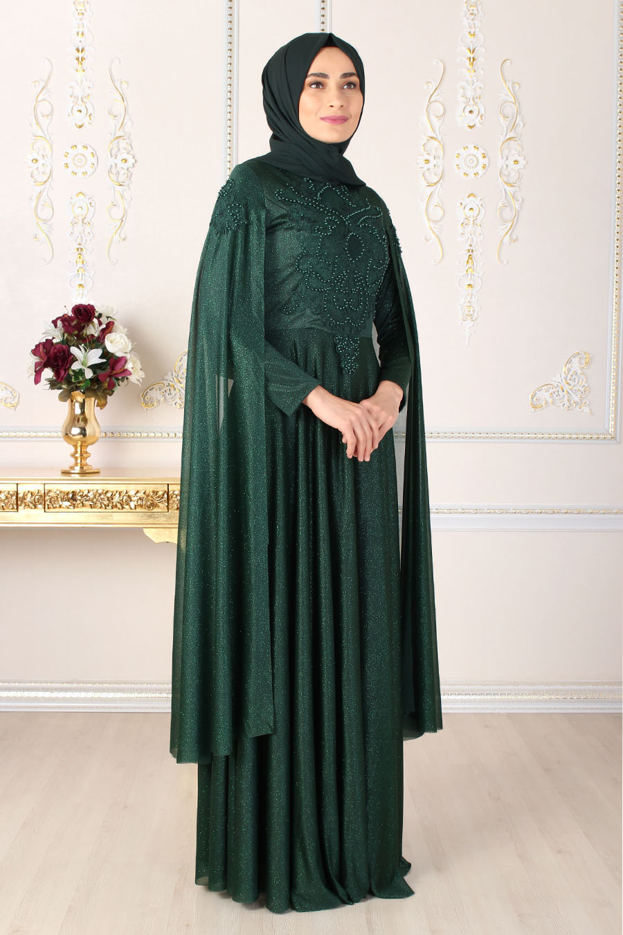 PEARL DETAILED GREEN EVENING DRESS