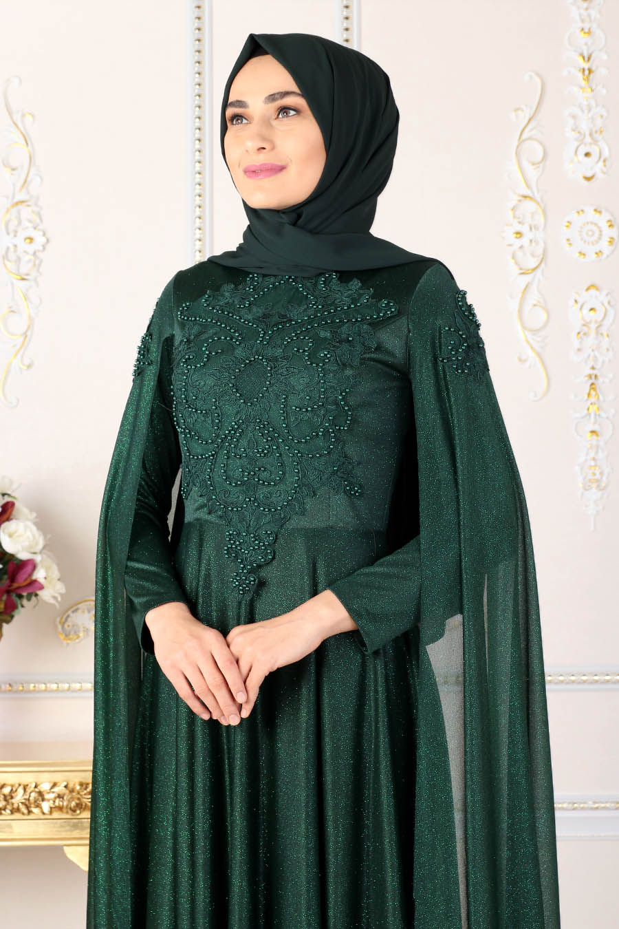 PEARL DETAILED GREEN EVENING DRESS