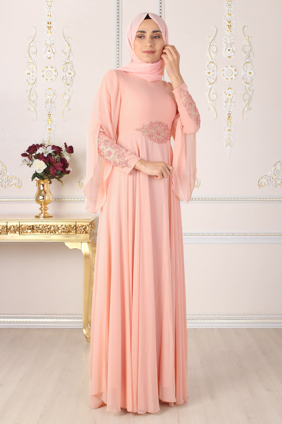 PEARL DETAILED SALMON COLOR EVENING DRESS
