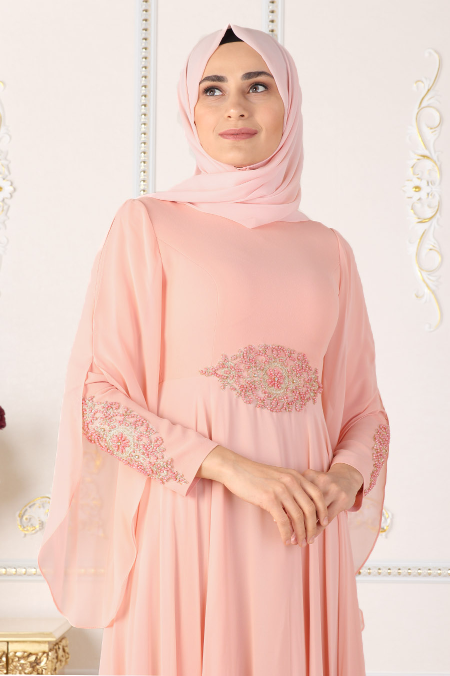 PEARL DETAILED SALMON COLOR EVENING DRESS