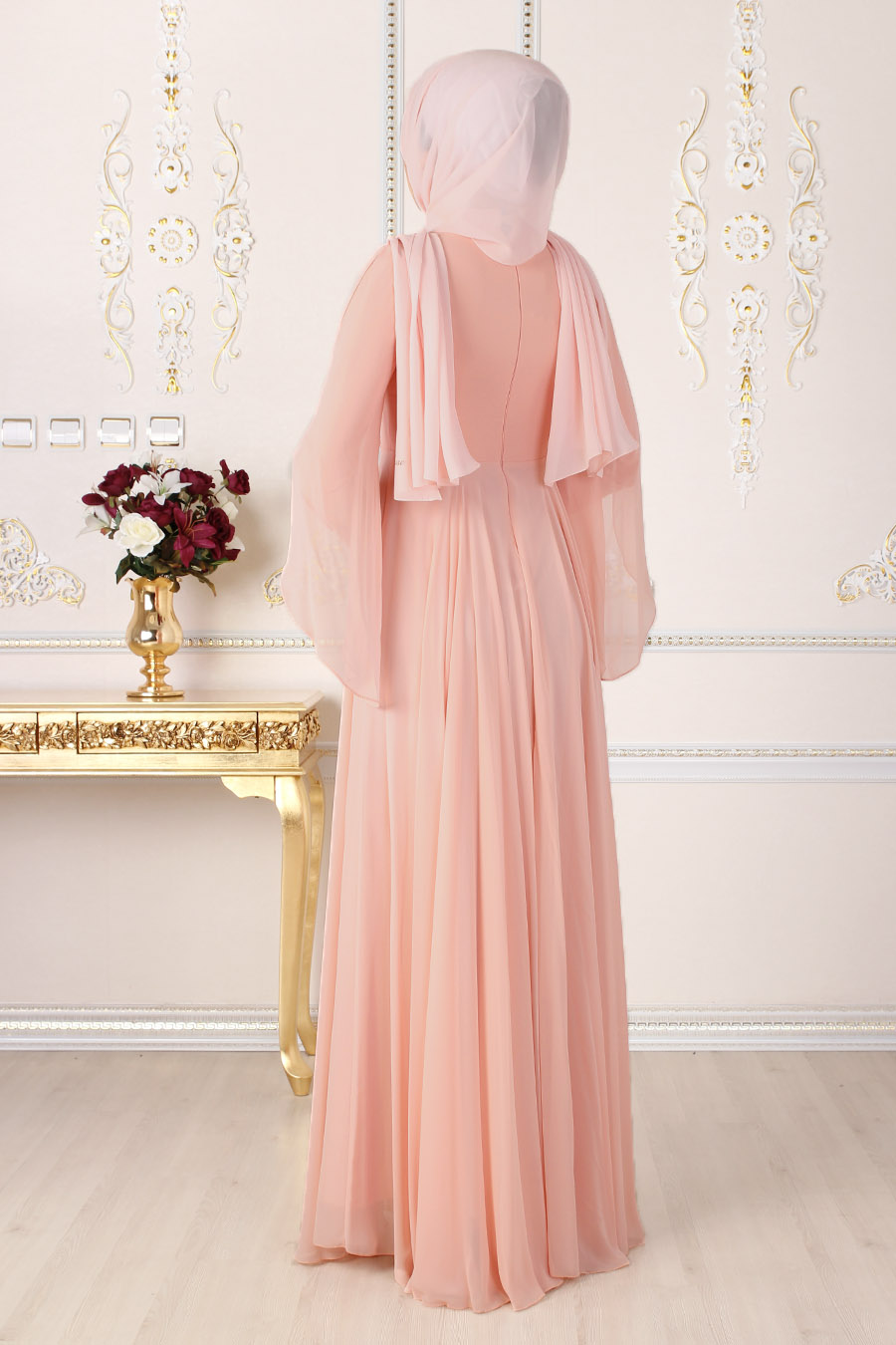 PEARL DETAILED SALMON COLOR EVENING DRESS