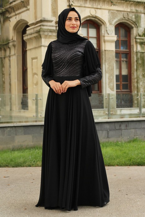 SEQUIN DETAILED BLACK EVENING DRESS