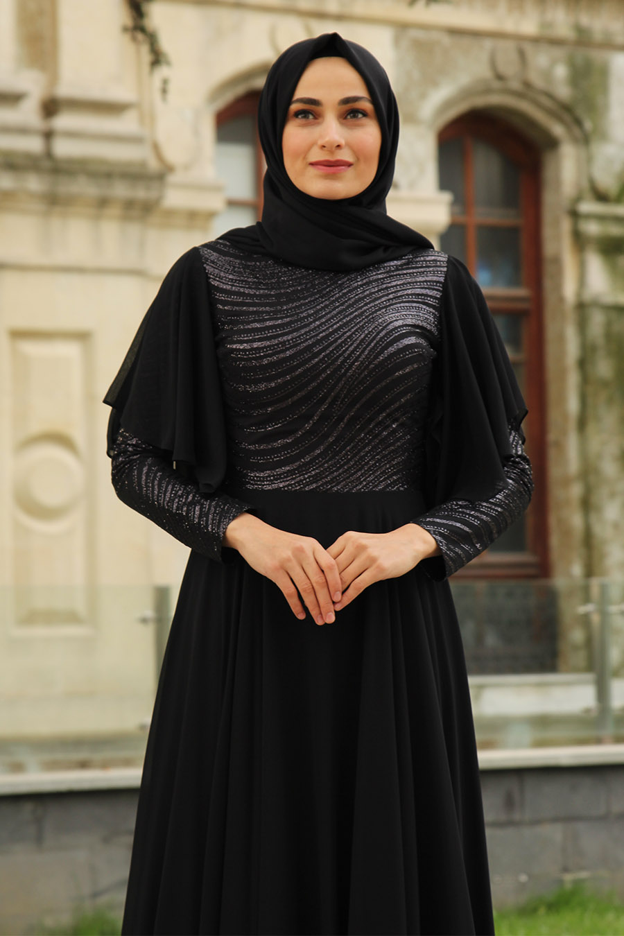 SEQUIN DETAILED BLACK EVENING DRESS