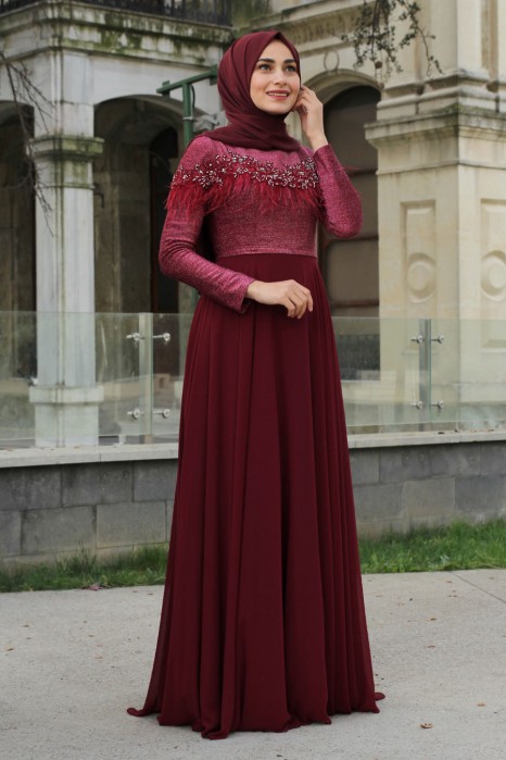 HAIRY CLARET RED EVENING DRESS