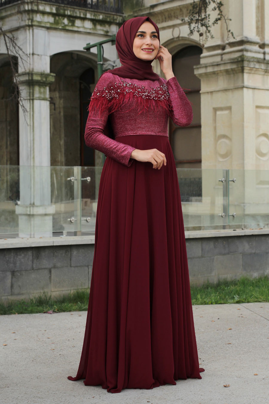 HAIRY CLARET RED EVENING DRESS