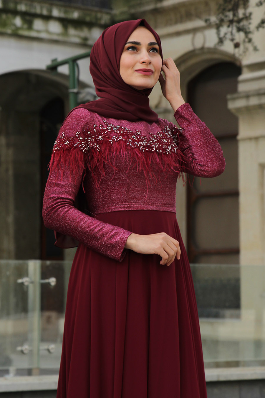HAIRY CLARET RED EVENING DRESS