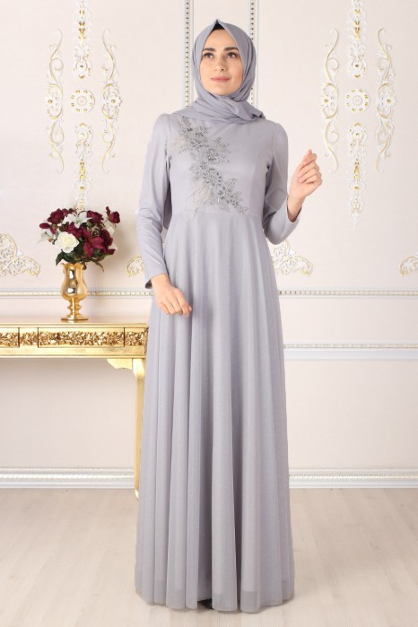 HAIRY GREY EVENING DRESS