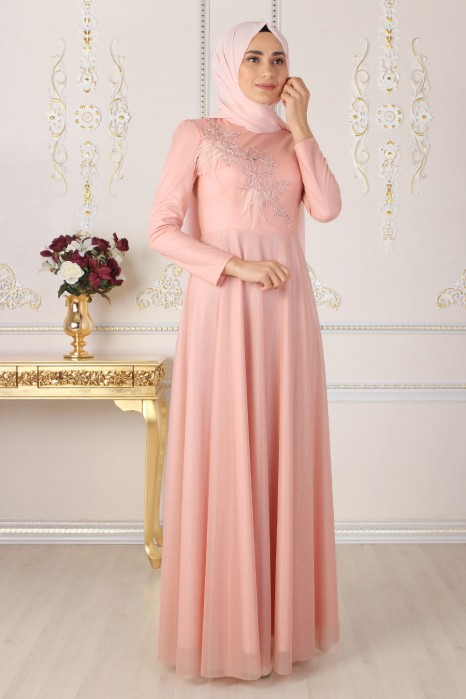 HAIRY SALMON COLOR EVENING DRESS