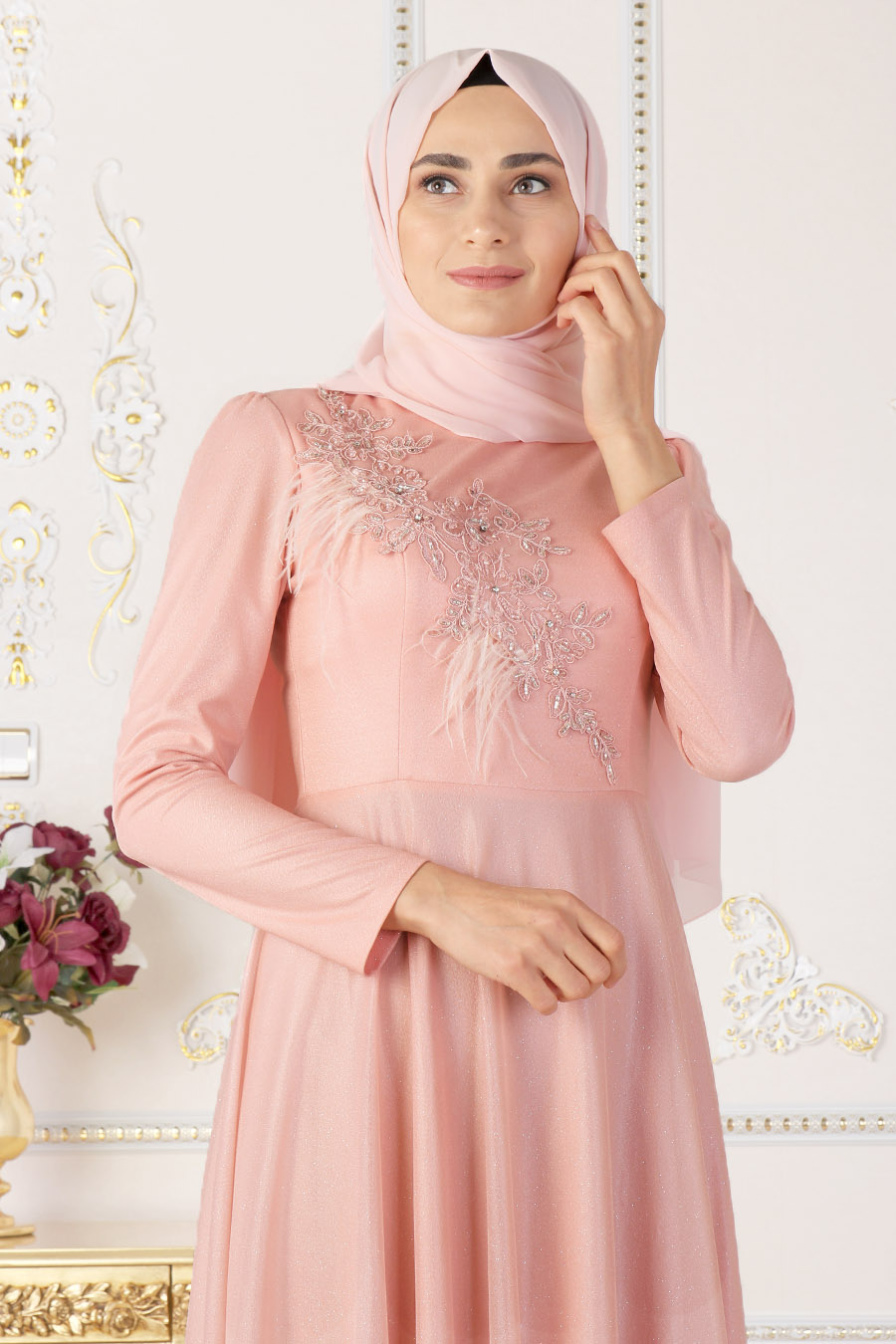 HAIRY SALMON COLOR EVENING DRESS