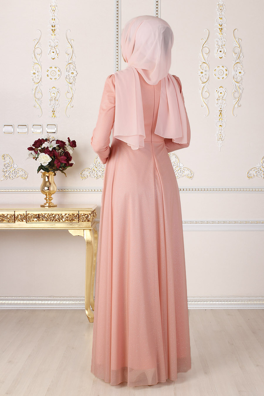 HAIRY SALMON COLOR EVENING DRESS