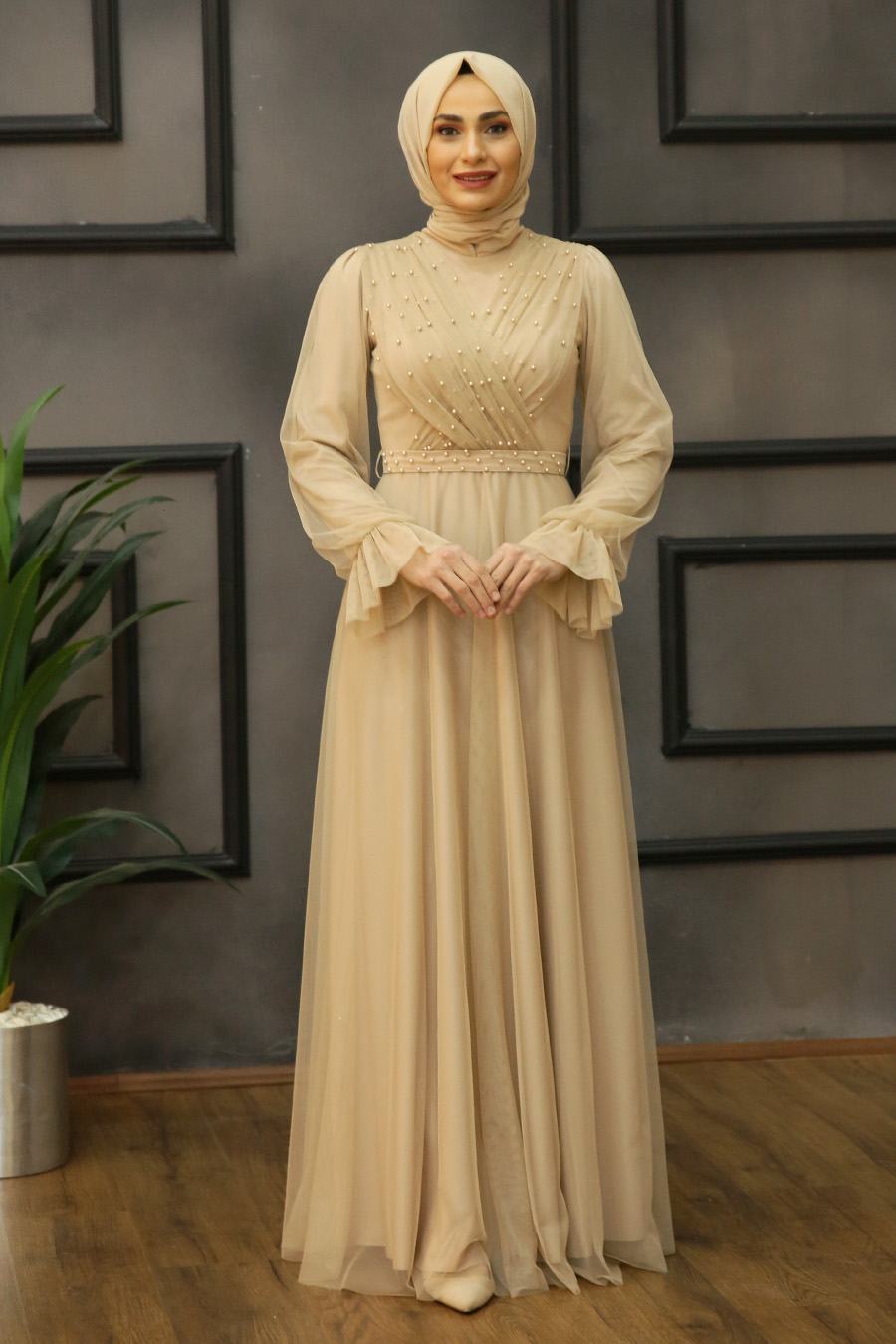PEARL DETAILED GOLD EVENING DRESS