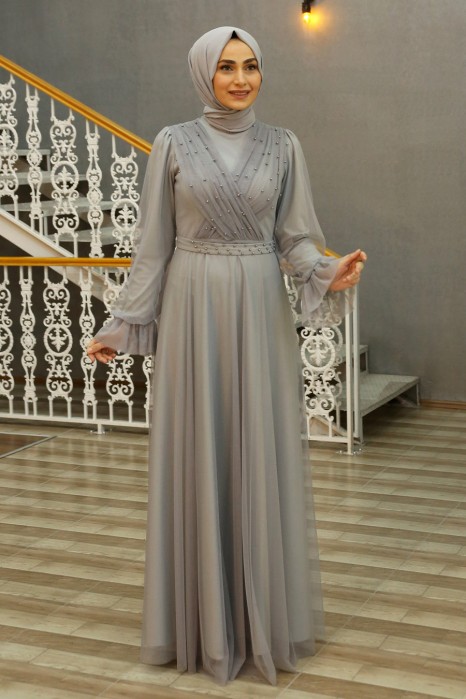 PEARL DETAILED GREY EVENING DRESS