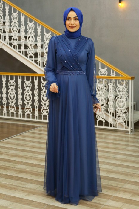 PEARL DETAILED INDIGO COLOR EVENING DRESS