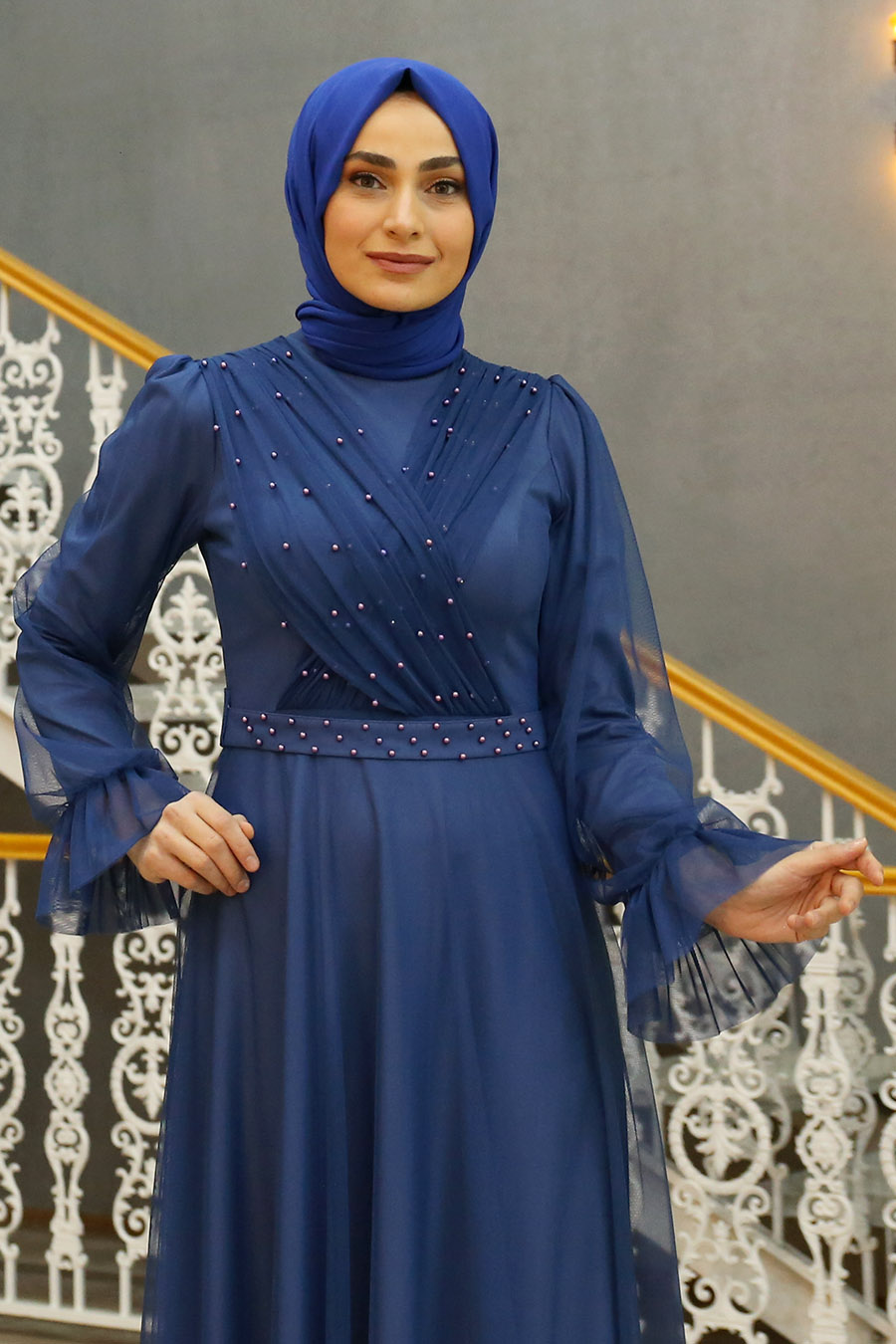 PEARL DETAILED INDIGO COLOR EVENING DRESS