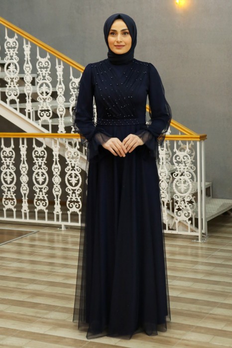 PEARL DETAILED NAVY BLUE  EVENING DRESS