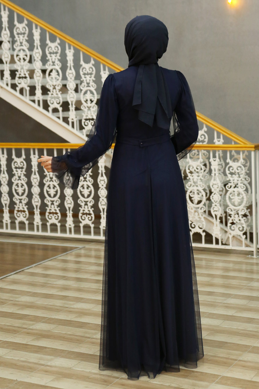 PEARL DETAILED NAVY BLUE  EVENING DRESS