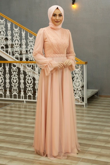 PEARL DETAILED SALMON COLOR EVENING DRESS