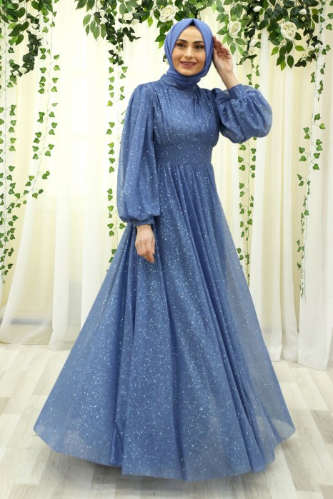 SHINING INDIGO COLOR EVENING DRESS  