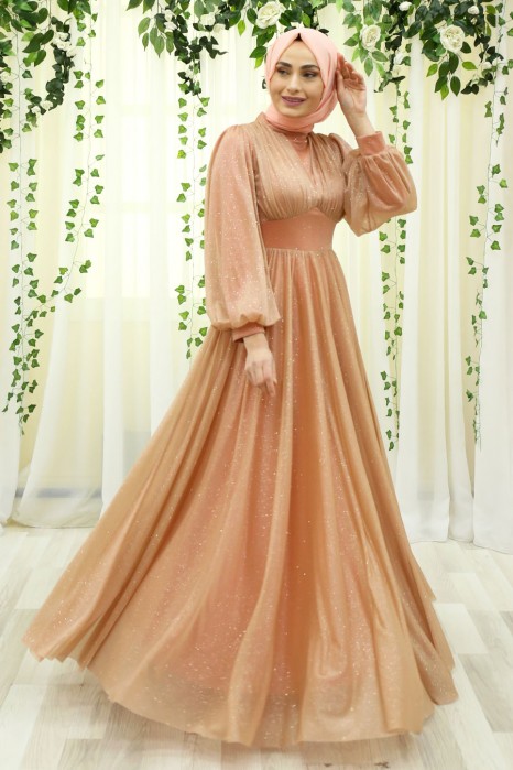 SHINING SALMON COLOR EVENING DRESS 