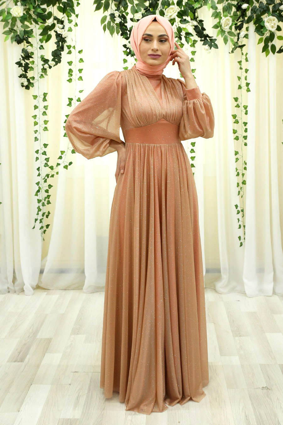 SHINING SALMON COLOR EVENING DRESS 