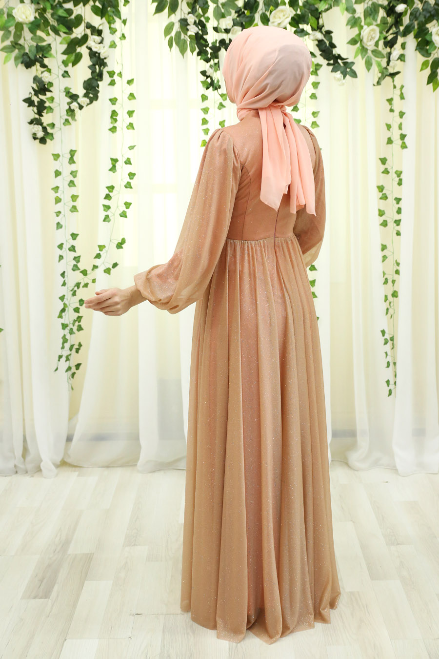 SHINING SALMON COLOR EVENING DRESS 