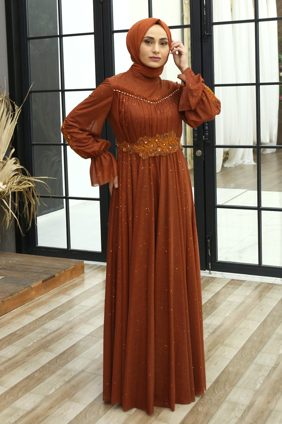 SHINING BRICK COLOR EVENING DRESS 