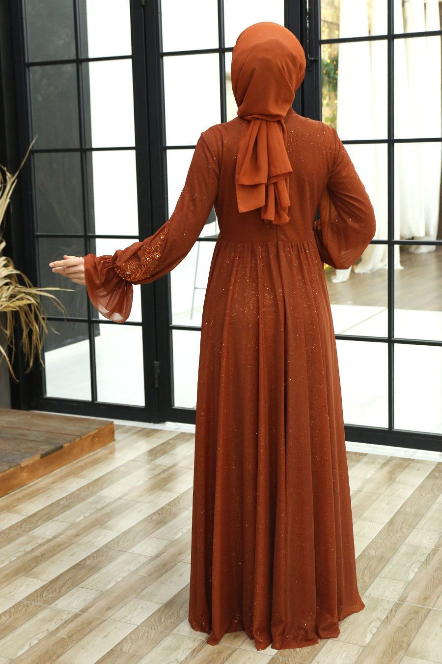 SHINING BRICK COLOR EVENING DRESS 