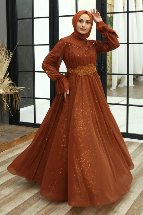 SHINING BRICK COLOR EVENING DRESS 