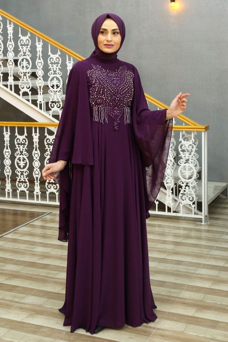 SEQUIN DETAILED PURPLE EVENING DRESS 