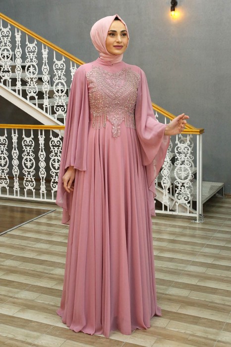 SEQUIN DETAILED POWDER PINK EVENING DRESS 