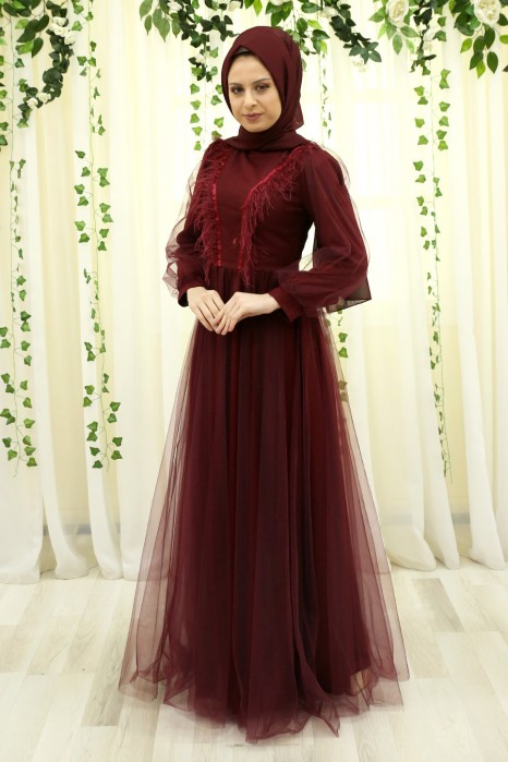HAIRY CLARET RED EVENING DRESS 