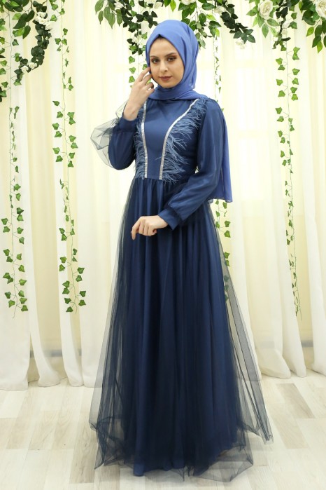 HAIRY INDIGO COLOR EVENING DRESS