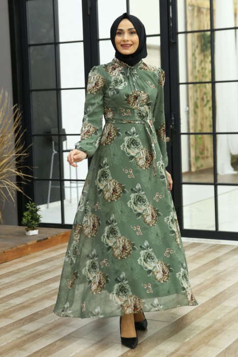 FLOWER PATTERNED GREEN DRESS 