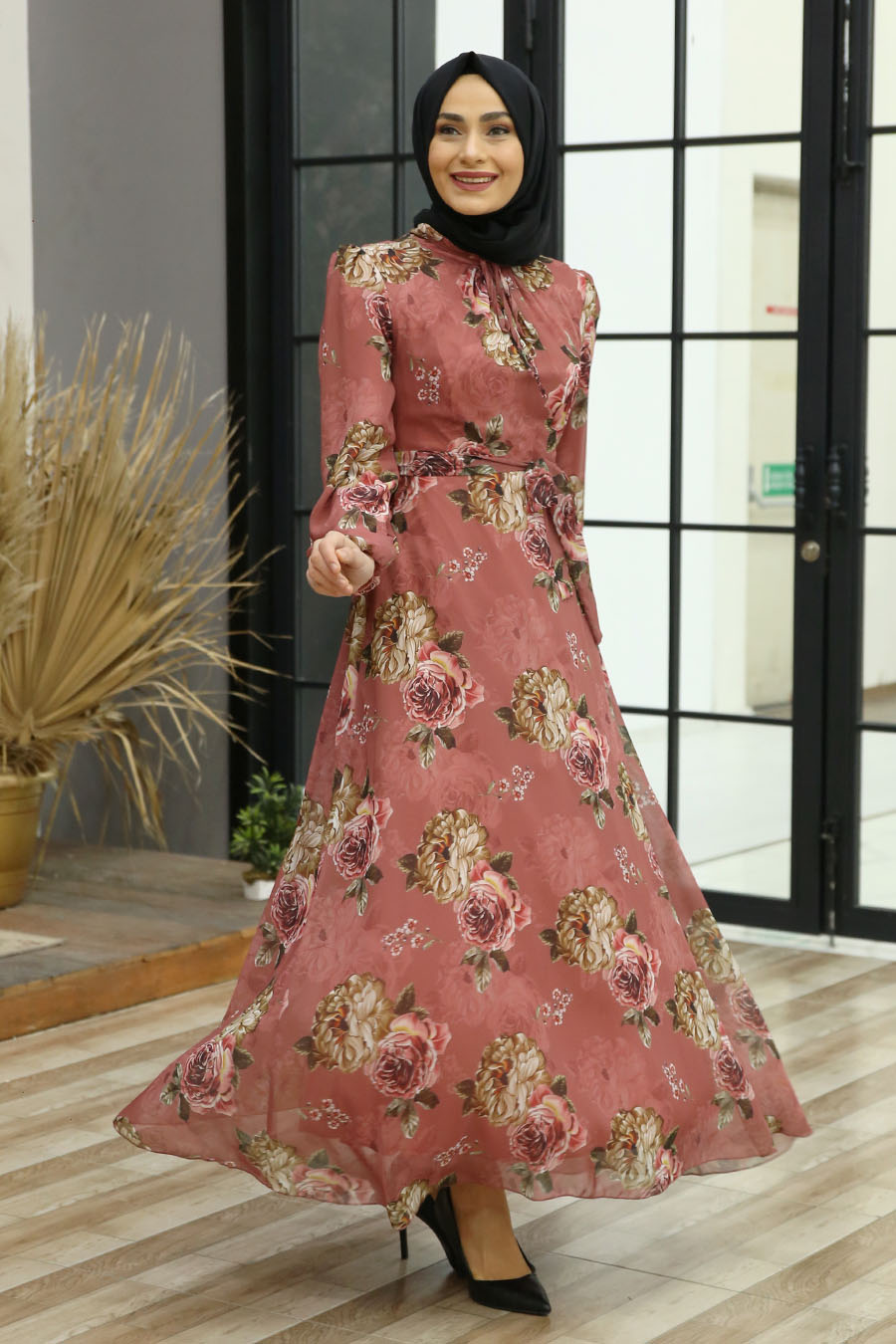 FLOWER PATTERNED ROSE COLOR DRESS 