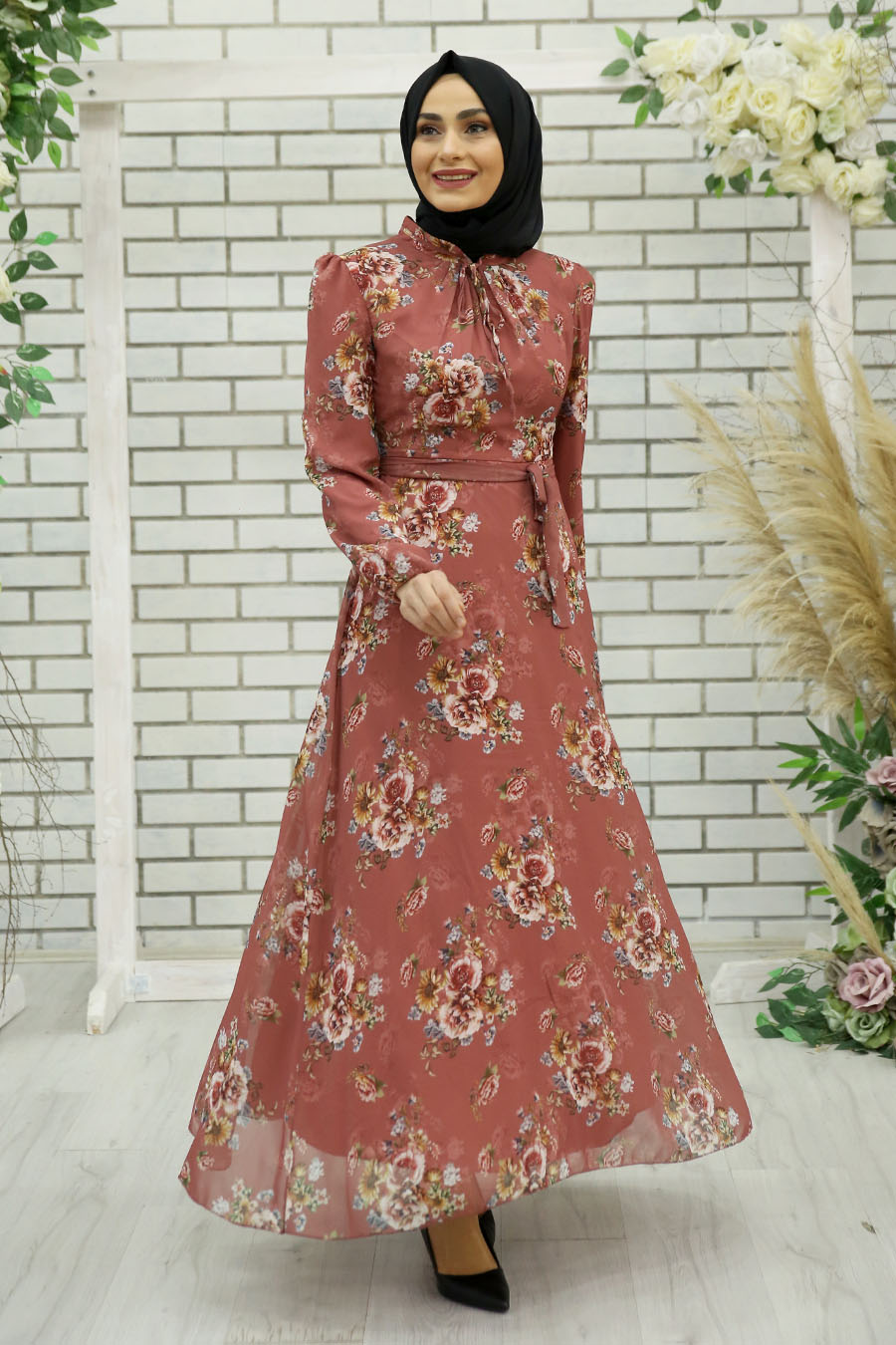 FLOWER PATTERNED ROSE COLOR DRESS