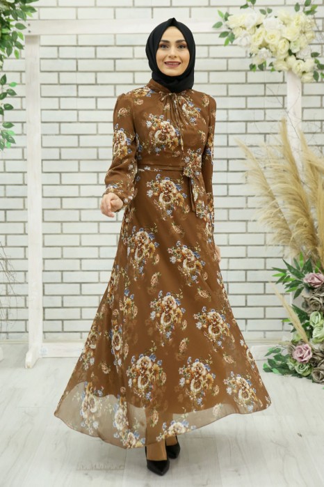 FLOWER PATTERNED TAN COLOR DRESS
